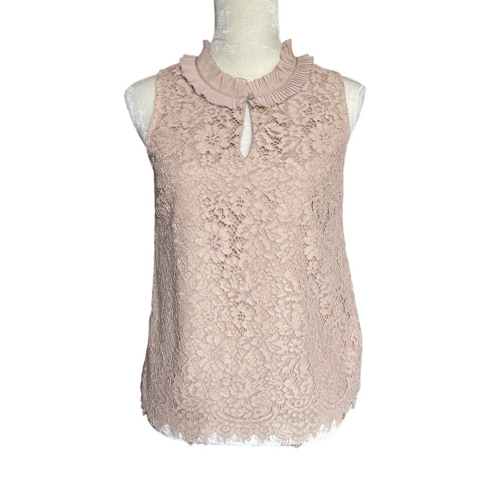 J. Crew Women’s Lace Ruffle Neck Top Size XS Nude Sleeveless Lined Dress-up